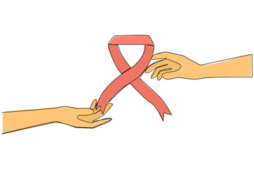 Poster - Single one line drawing hand giving ribbon sign. Charity activity symbol. Sign of mourning. Symbol of support and solidarity in society. Respect each other. Continuous line design graphic illustration