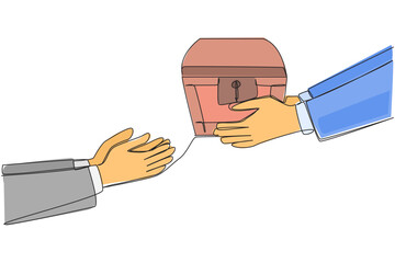 Poster - Single one line drawing hand gives treasure chest to colleague. High confidence in processing important assets. Large capital to start profitable business. Continuous line design graphic illustration