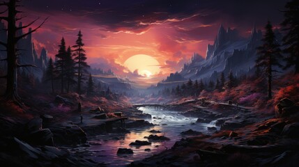 Wall Mural - Sunset Landscape with River and Bridge