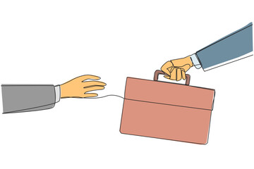 Poster - Continuous one line drawing a hand gives a briefcase to colleague. Continuing the business trip marathon. Many places to visit. Huge profits well deserved. Single line draw design vector illustration