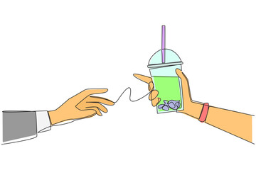 Wall Mural - Single one line drawing hand giving boba drink. Refreshing drink that is high in sugar content. Drinks containing carbohydrates. Refreshing drink in summer. Continuous line design graphic illustration