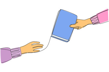 Poster - single continuous line drawing a hand gives a book to its partner. lend a book. increase knowledge. 