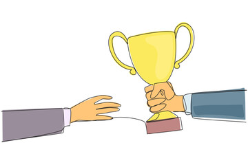 Poster - Single one line drawing hand gives a trophy to colleague. Success in developing a jointly produced business. Great partners who make business even greater. Continuous line design graphic illustration