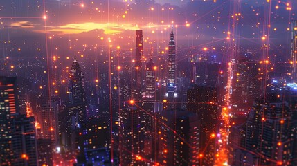 Wall Mural - A stunning display of a futuristic city skyline at dusk, featuring illuminated skyscrapers and a network of glowing lines connecting the buildings against a vibrant sunset backdrop.