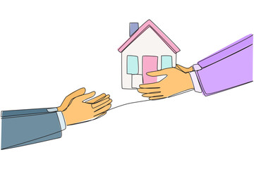 Poster - Single one line drawing hand gives miniature house. Make home as a business collateral. Step that is difficult to accept with common sense. Responsible. Continuous line design graphic illustration