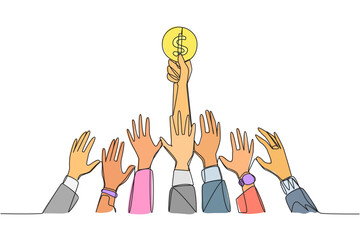 Poster - single one line drawing hands fighting over coins with dollar symbols. fight for small investments t