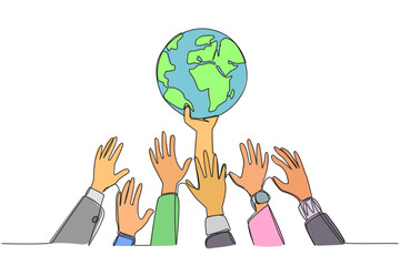 Poster - single continuous line drawing hands fighting for the globe. greedy hands who want to rule the world