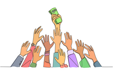 Poster - continuous one line drawing hands fighting for banknotes. the strongest and longest hand capable of 