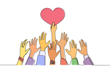 Poster - single one line drawing hands fighting over the shape of a heart. hands that are strong and the long