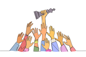 Poster - Single continuous line drawing hands fighting over the king's chess piece. The metaphor of approaching a king or ruler. Getting profits makes business easier. One line design vector illustration