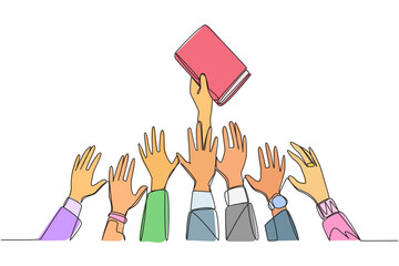 Poster - single one line drawing hands fighting for book. recipe for success has been shared. fight to get it