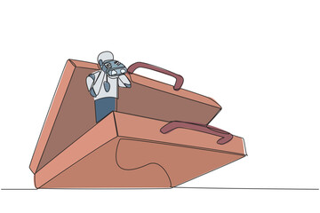 Poster - Single continuous line drawing a smart robot emerges from the briefcase looking for something through binoculars. Scan. Analyzing client reports. Give the best. One line design vector illustration
