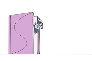 Poster - Single one line drawing a smart robot emerges from an old book looking for something through binoculars. Scan quickly. Reliable future technology. Hi tech. Continuous line design graphic illustration