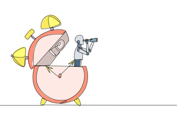 Poster - single continuous line drawing smart robot appears from the alarm clock looking for something throug