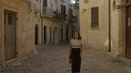 Canvas Print - A young hispanic woman enjoying a walk through the charming stone streets of lecce, puglia, italy, surrounded by historic buildings and capturing the essence of italian architecture.