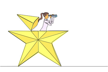 Poster - single one line drawing businesswoman out of star shape looking for something through binoculars. lo