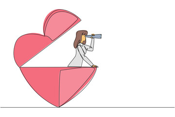 Poster - continuous one line drawing businesswoman out of heart shape looks for something through binoculars.