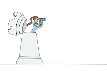 Wall Mural - Single one line drawing businesswoman comes out rook chess looking for something through binoculars. Strategies that must be mature for business progress. Continuous line design graphic illustration