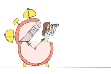 Poster - single continuous line drawing businesswoman out of alarm clock looking for something through binocu