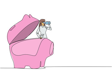 Poster - single continuous line drawing businesswoman comes out of piggy bank looks for something through bin