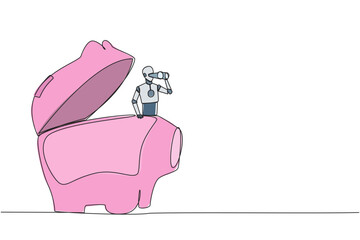 Poster - Continuous one line drawing a smart robot emerges from a piggy bank looking for something through binoculars. Scan. Analyze daily needs in order to save. Single line draw design vector illustration