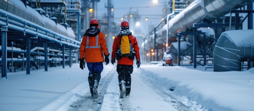 Two Workers Walking Through Snow-Covered Industrial Site