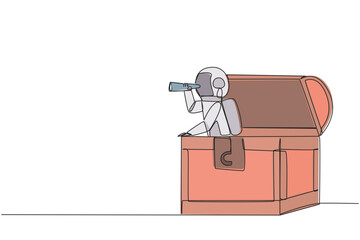Poster - single one line drawing astronaut emerges from the treasure chest looking for something with binocul