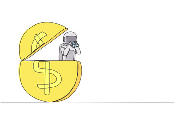 Poster - Single one line drawing astronaut emerges from dollar symbol coin looking for something with binoculars. Raising funds for the next expedition into space. Continuous line design graphic illustration