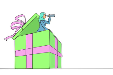 Poster - single continuous line drawing arab businesswoman emerges from gift box look for something with bino
