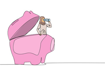 Poster - continuous one line drawing arabian businesswoman pops out of piggy bank look for something with bin