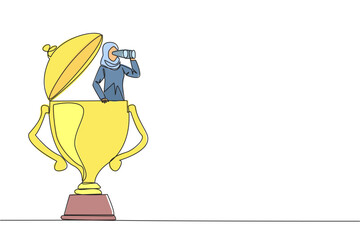 Poster - single one line drawing arab businesswoman emerges from trophy looking for something through binocul