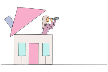 Poster - single continuous line drawing arabian businesswoman appears out of miniature house looking for some