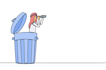 Poster - single one line drawing arabian businessman pops out of a trash bin looking for something with binoc