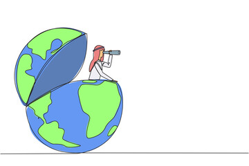Poster - Single continuous line drawing Arab businessman pops out of globe looking for something through binoculars. Mapping strategic locations for new business promotions. One line design vector illustration