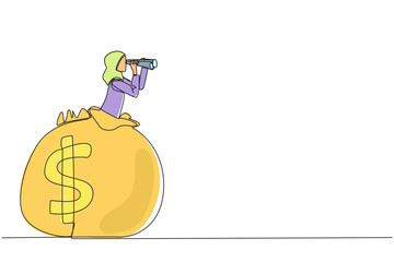 Poster - continuous one line drawing arab businesswoman emerges from money bag looking for something with bin
