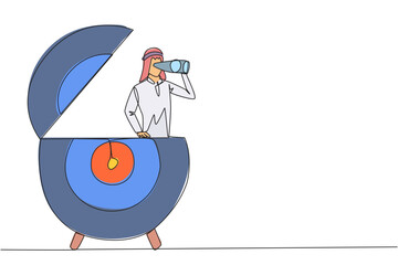 Poster - Single continuous line drawing Arab businessman appears out of arrow board target look for something through binoculars. Search for the lost one; focus on business. One line design vector illustration