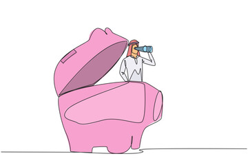 Poster - single one line drawing arabian businessman pops out of piggy bank looking for something through bin