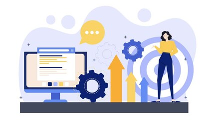 tiny woman character with huge computer and diagram on the table business animated illustration video