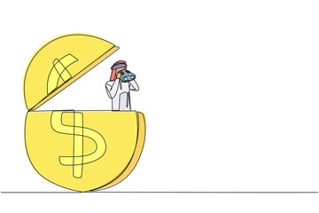 Poster - single one line drawing arabian businessman pops out of a dollar symbol coin looking for something t