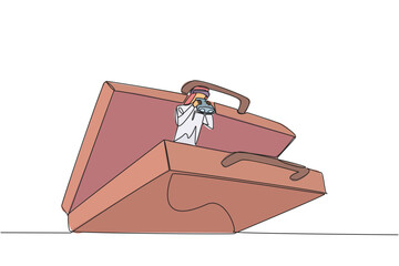 Poster - single continuous line drawing arabian businessman pops out of briefcase looking for something throu