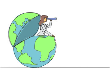 Poster - continuous one line drawing businesswoman out of the globe looking for something through binoculars.