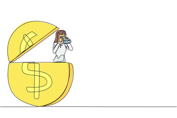 Poster - Single continuous line drawing businesswoman coming out of coin holding binocular. Looking for extra money for a decent life in old age. Looking for opportunity. One line design vector illustration
