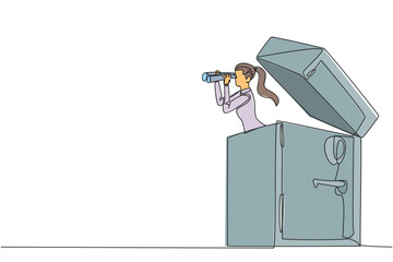 Poster - Single one line drawing businesswoman comes out of safe deposit box looking for something through binoculars. Offers the best protection for corporate data. Continuous line design graphic illustration