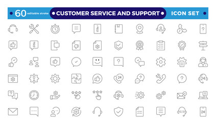 Wall Mural - Customer Service and Support - Outline Icon Collection.Thin-line modern style of customer service icons: feedback, technical support, assistance, information, and more. Editable stroke outline icon.
