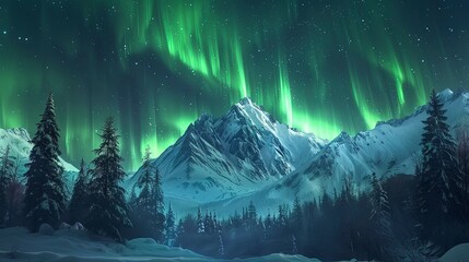 Wall Mural - Aurora borealis over the frosty forest. Green northern lights above mountains. Night nature landscape with polar lights. Night winter landscape with aurora. Creative image. Generative ai
