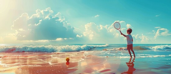 Wall Mural - Young Boy Playing Tennis on the Beach at Sunset