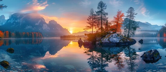 Wall Mural - Misty Mountain Sunrise Over a Tranquil Lake