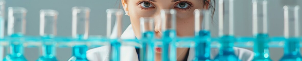 Aufkleber - Female Scientist Engaged in Experiment with Test Tubes and Beakers in Contemporary Laboratory: A Visual Tale of Discovery and Innovation