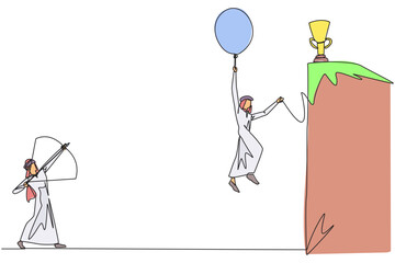 Poster - Single continuous line drawing Arab businessman wants to achieve prizes at the peak of the career. Getting resistance from all directions. Painful failure. Traitor. One line design vector illustration