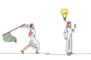 Poster - single one line drawing arabian businessman with an idea. a brilliant idea that will be stolen by a 